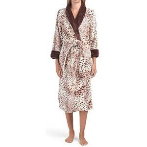NWT -NATORI Plush Cozy Leopard Print Shawl Blanket Robe Cream Brown Women Size S